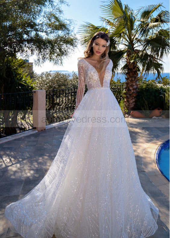 Beaded V Neck Ivory Sparkly Tulle Wedding Dress
